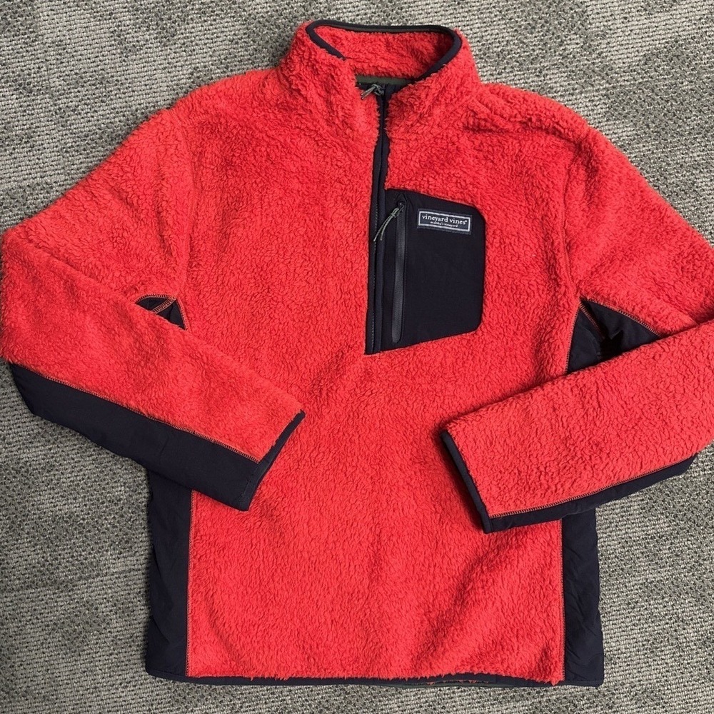 Vineyard Vines Men Medium Red Sherpa Fleece QuarterZip Pullover Jacket Navy Trim